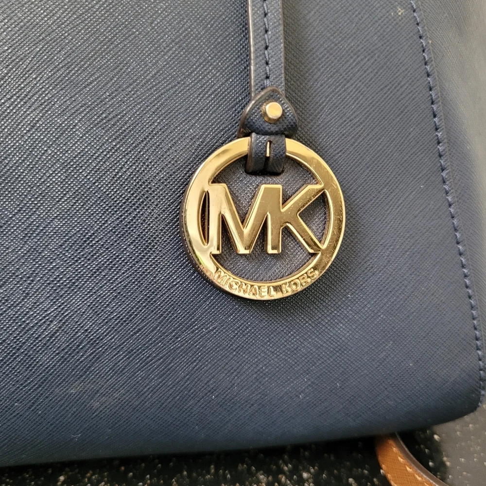 Michael Kors Navy Blue Ciara Satchel Bag With Brown Crossbody Strap